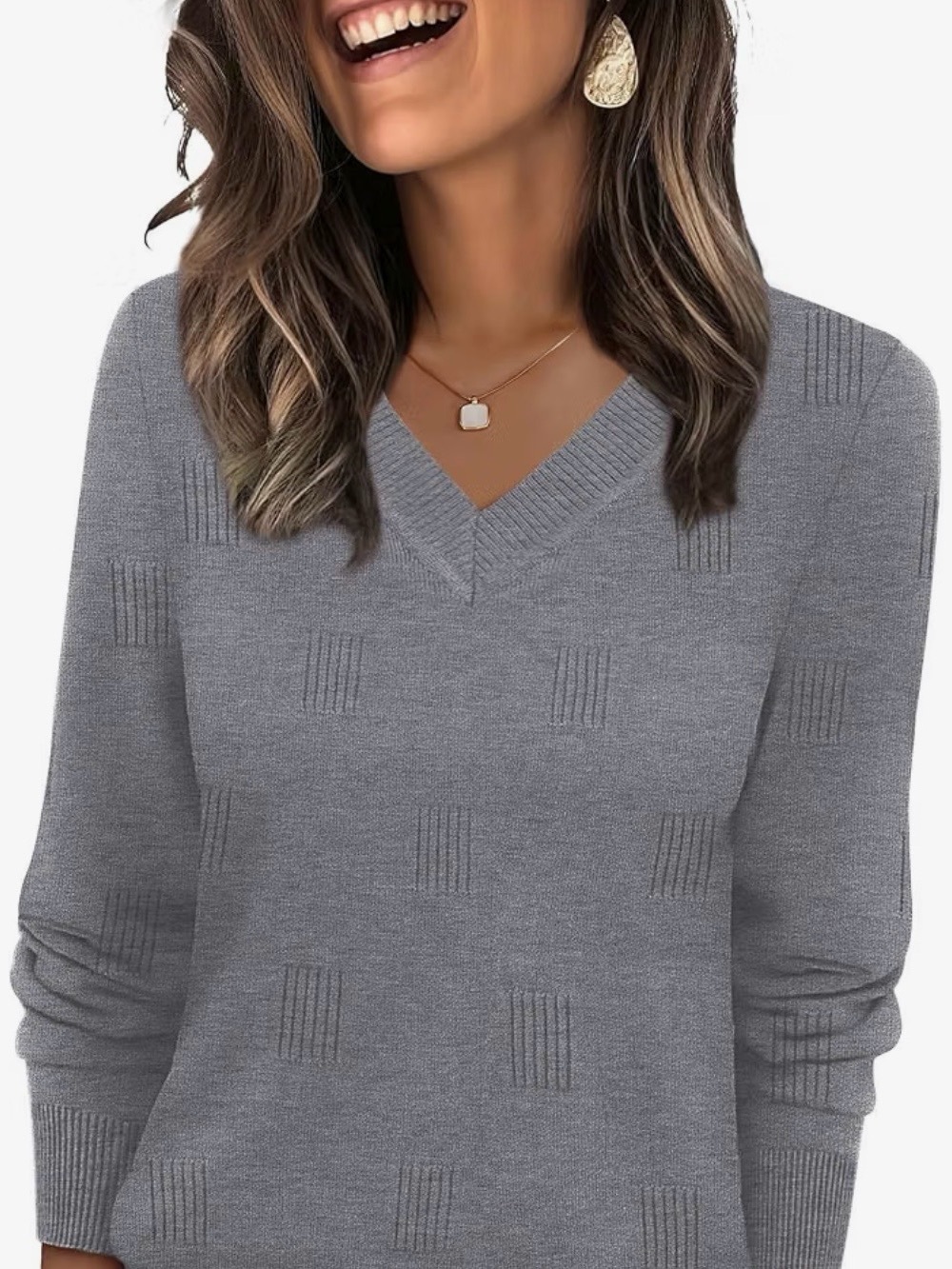 V-Neck Textured Knit Sweater - Gray